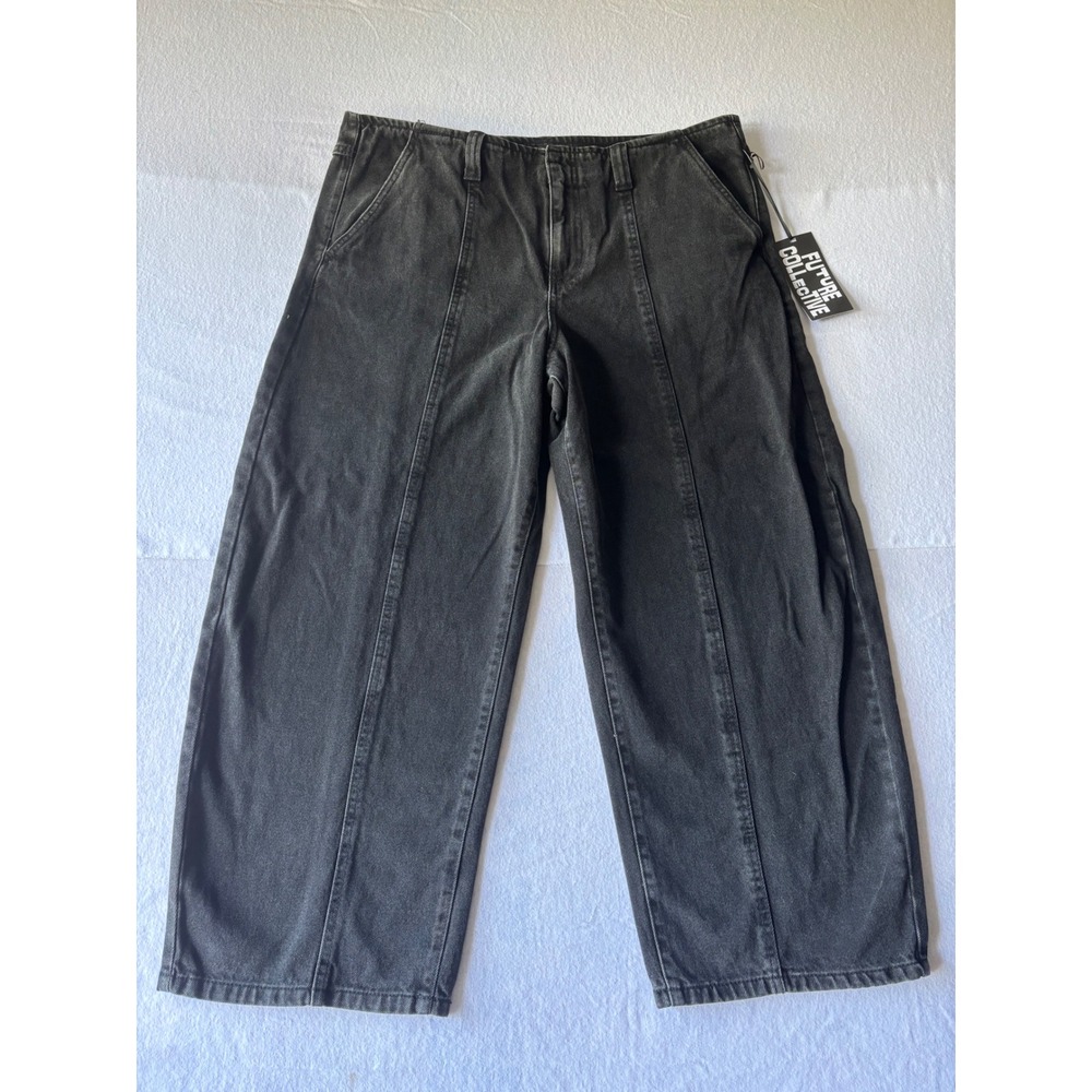 Future Collective Womens Washed Black Barrel Leg Seam Front Denim Jeans Size 14